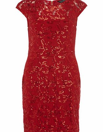 Womens Red sequin lace pencil dress- Red