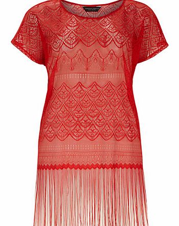 Womens Red Tassel Lace Tee- Red DP05437412