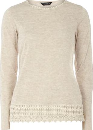 Dorothy Perkins, 1134[^]262015000709469 Womens Tall Lace Trim Jersey Knit top- Beige