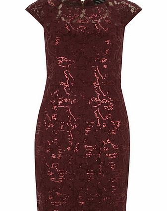 Womens Wine red sequin lace pencil dress-