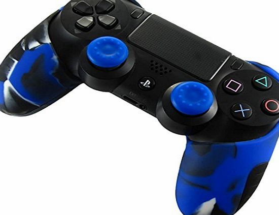 DOTBUY PS4 Soft Silicone Thicker Half Skin Case Protective Cover for Sony Playstation 4 DualShock Controller   Thumb Grips X 2 (Camo Blue)