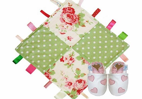 Dotty Fish Cath Kidston Fabric Handmade Security Tag Blanket and Soft Leather Baby Shoe set by Dotty Fish. White Rosali and Queen of Hearts. (0-6mths)