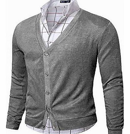 Mens Casual V-neck Button Cardigan Sweater GREY 2XL (005D)