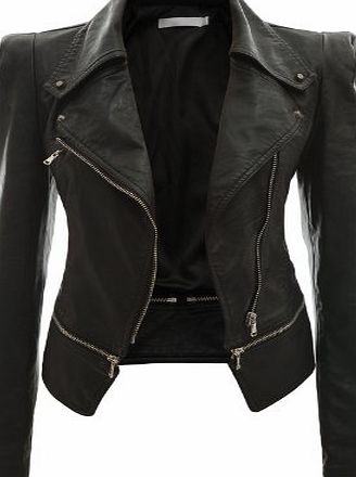 Doublju Womens Zipper Point Simple Faux Leather Jacket BLACK M