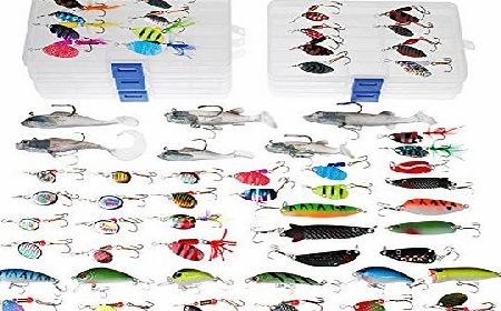 Dr.Fish Fishing Lure Job Lot 60 Trout Perch Spinners Pike Spoons Soft Plastic Lure Shad Crankbaits in 5 Fishing Tackle Boxes