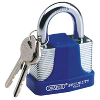 Draper 65mm Laminated Steel Padlock and 2 Keys With Hardened Steel Shackle and Bumper