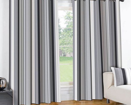 DREAMS AND DRAPES STRIPED BLACK CREAM GREY PAIR LINED EYELET RING TOP CURTAINS (46`` wide X 54`` drop)