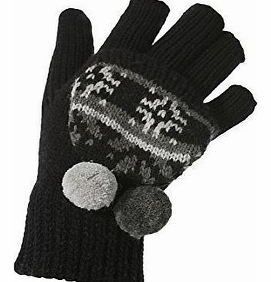 Girls Fairisle Pom Pom Fingerless Mitten Cap Gloves One Size (Black)