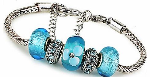 Duchy Platinum Plated Murano Glass Charm Bracelets with Charms Blue Flower Cubic Zirconia Fashion Compitable with Pandora Chamilia Troll Biagi DIY for women in a lovely Organza Gift Bag