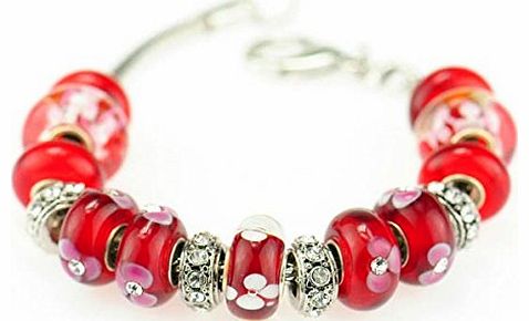 Duchy Platinum Plated Murano Glass Charm Bracelets with Charms for Women Red Lucky Clover Compitable with 