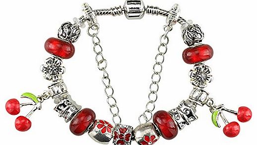 Duchy Platinum Plated Murano Glass Charm Bracelets with Charms Red Cherry Fashion Compitable with Pandora Chamilia Troll Biagi 18cm DIY for women in Organza Gift Bag and Gift Box Jewelry Ideal Christm