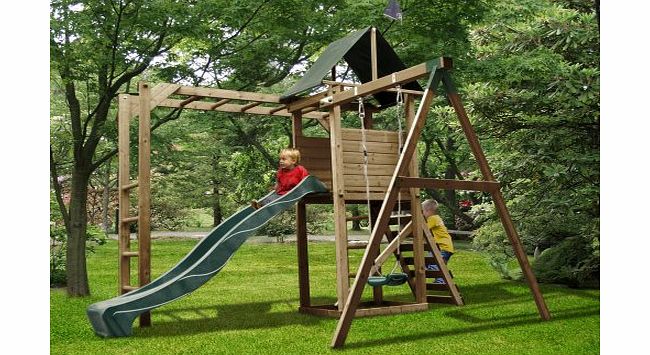 Dunster House MonkeyFort Wilderness Wooden Childrens Outdoor Climbing Frame Play Tower with Monkey Bars, Swing amp; Slide - Pressure Treated Timber