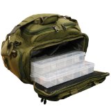 fishing BAG CONSISTS OF 2 PLASTIC TACKLE BOXES AND VARIOUS COMPARTMENTS TO STORE REELS AND TERMINAL ITEMS.