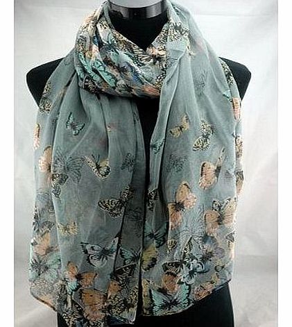 Designer Inspired Butterfly Print Scarf Grey Blue Celebrity Butterflies Scarves, Shawl