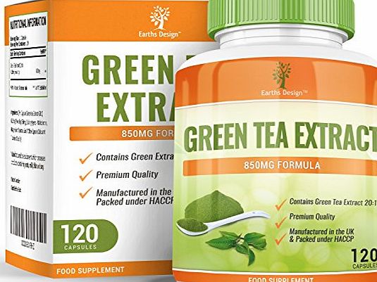 Earths Design Green Tea Extract for Dieting and Slimming, 850mg Green Tea Capsules with EGCG to Burn Fat, Maximum Strength Supplement for Fast Weight Loss, Powerful Antioxidant - 120 Capsules