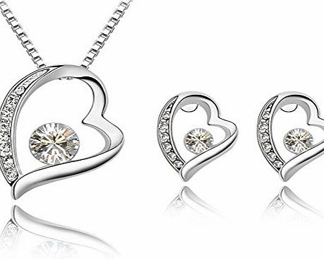 Ebuy Fashion Womens Jewellery Crystal Diamond Heart Pendant Necklace and Earrings Stud 18K White Gold Plated (White)