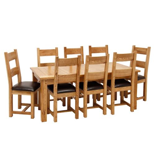 Eden Dining Furniture Large Rustic Oak Dining Set with 8 Rustic Oak