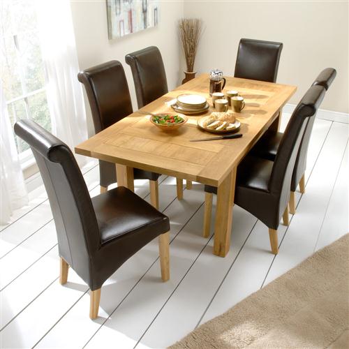 Small Oak Dining Set with 6 Brown Leather Chairs