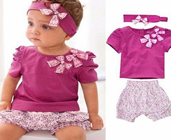 EFE 3Pcs Baby Girl Newborn Kids Infant Short Top Pants Headband Clothing Sets 18-24 Months