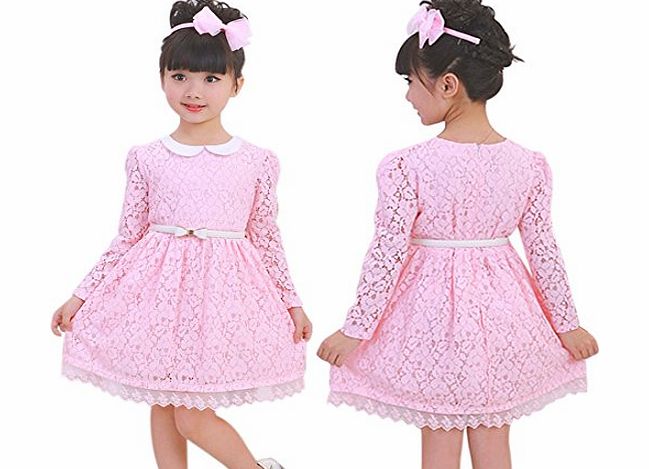 Girls Princess Long Sleeve Floral Lace Formal Party Birthday Belted Dress Skirt Pink 4-5 Years