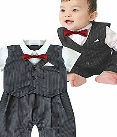 EFE Infant Toddler Boy Baby Bowtie Gentleman Romper Wedding Tuxedo Suit Striped Jumpsuit Outfits Clothes Grey 6-12 Months
