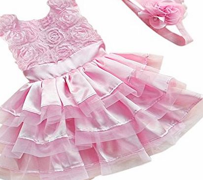 EFE Rose Pink Rosette Dress Easter Flower Baby Infant Girls Party Wedding Dress   Headband 6-12 Months