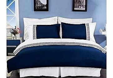 Luxurious 3 Piece King Size Astrid Navy Blue & White Embroidered Duvet Cover Set