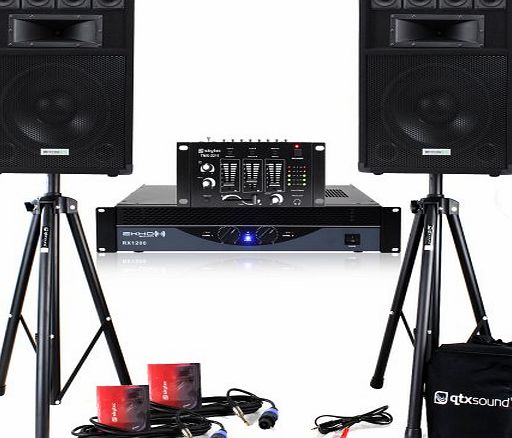 Ekho 2x Ekho 12`` Disco DJ Speakers   Amp   Mixer   Cables   2x Stands PA System 800W