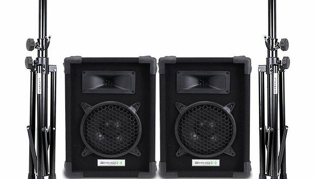 2x Ekho MAX 8`` Inch Passive PA Party Disco Home Audio Speakers + 2x DJ Speaker Stands Setup 300W