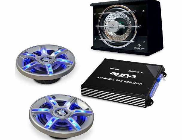 Electronic-Star Autobox BeatPilot FX-211 Speaker Set 1x 4000 W Amplifier 2x Built-In Speakers with Subwoofer 1400 W Maximum LED Lighting Effect Includes Cable Set / 4-Channel Amplifier