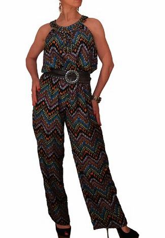 Elegant Wish Ladies All In One Sequins Aztec Summer Casual Party Long Maxi Trouser Jumpsuit, Multi- Coloured, Small/ Medium