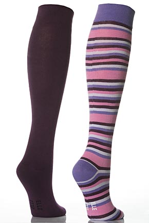 Ladies 2 Pair Elle Cotton Knee Highs - One Striped and One Plain In 6 Colours Crimson