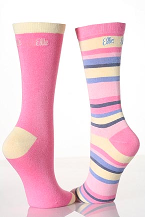 Elle Ladies 2 Pair Elle Striped and Plain Bamboo Socks In 4 Colours Pink Mix