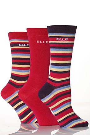 Ladies 3 Pair Elle Cotton Socks 2 Striped And 1 Plain In 8 Colours Crimson