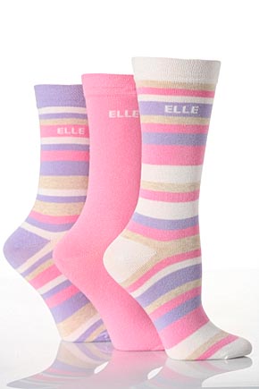 Elle Ladies 3 Pair Elle Cotton Socks 2 Striped And 1 Plain In 8 Colours Ice Blue