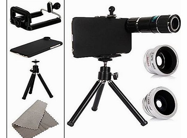 iPhone 6, iPhone 6 Camera Lens Kit includes 12x Telephoto Lens / 3 Quick-Connect Lens Solution FISHEYE LENS / MACRO LENS / WIDE ANGLE LENS with 1 Universal Holder / 1 Mini Tripod / 1 Protection Case /
