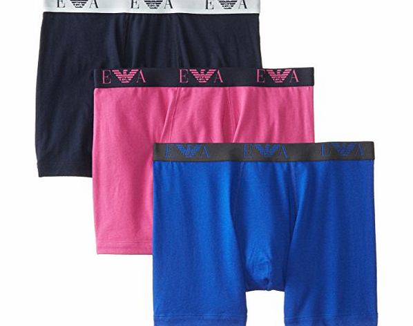 Emporio Armani Intimates Mens Jersey Cotton Set of 3 Boxer Shorts, Multicoloured (Fuchsia/Marine/Blue), Small