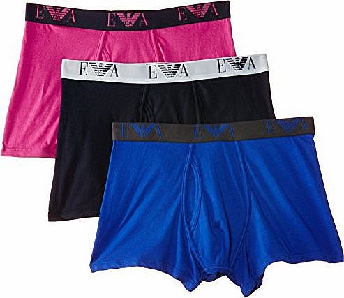 Emporio Armani Intimates Mens Jersey Cotton Trunk Set of 3 Boxer Shorts, Multicoloured (Fuchsia/Marine/Blue), Large