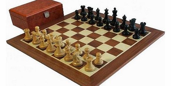Executive Ebonised Chess Pieces, Mahogany Chess Board & Chess Box