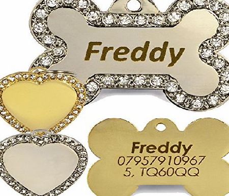 Engravables Engraved Diamante Bling Pet ID Dog Tags, Contrasting Text, Heart or Bone Pet tag (Silver Bone Pet Tags, Both Sides Engraved)