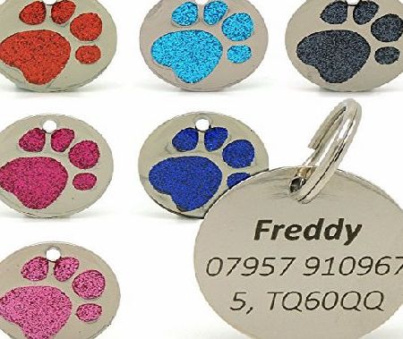 Engravables Personalised Engraved 25mm Glitter Paw Print Tag BOLD BLACK LETTERING Dog Cat Pet ID Tags (Red)