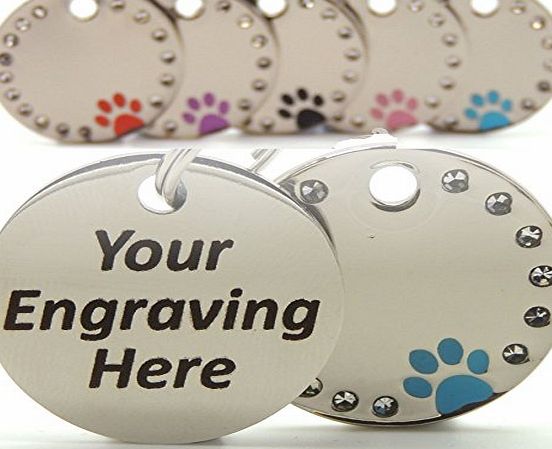 Engravables Personalised Engraved 30mm Diamante Paw Print Tag, 5 Colours, BOLD Contrasting Text Dog Cat Pet ID Tags