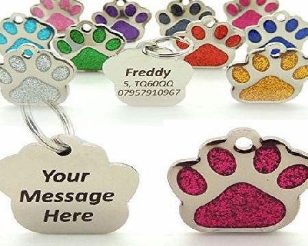Engravables Personalised Engraved Pink 27mm Glitter Paw Print Shaped Tag BOLD BLACK LETTERING Dog Cat Pet ID Tags