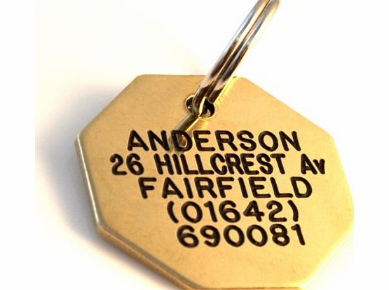 Deeply engraved solid brass octagonal shaped pet tag