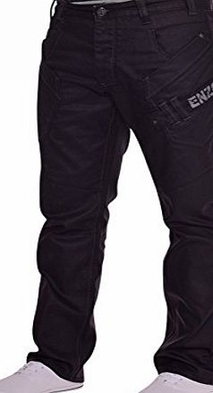 Enzo Mens Designer Black Branded EZ290 Coated Denim Jeans Pants Pockets 34W 30L Black
