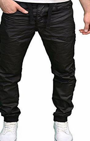 Enzo Mens Designer Branded Regular Fit Black Coated Cuffed Jogger Jeans