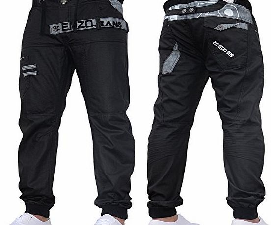 Enzo Mens Enzo Designer Black Coated Denim Cuffed Jogger Jeans Pants Black 32W X 32L