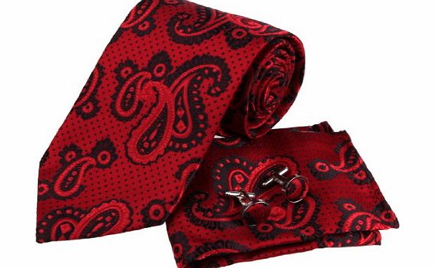 Epoint PH1033 Designer Inspired Red Florals Pattern Silk Mens Necktie Cufflinks and Handkerchiefs Set with Gift Box Set By Epoint