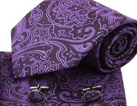 Epoint PH1132 Purple Patterned Woven Silk Necktie Handkerchiefs Cufflinks Present Box Set Dark Violet Gift Ideas for Man Pointe Tie By Epoint