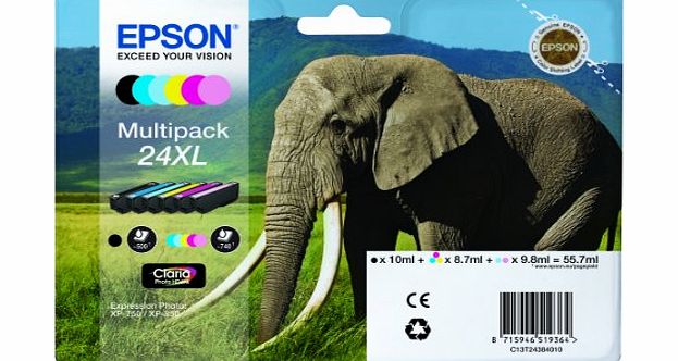 Epson  C13T24384010 Elephant 24XL (RF/AM) High Capacity 6 Colour Multipack Ink Cartridge (Black Cyan Magenta Yellow Light Cyan Light Magenta) for Expression Photo: XP-750 / XP-850 T2438